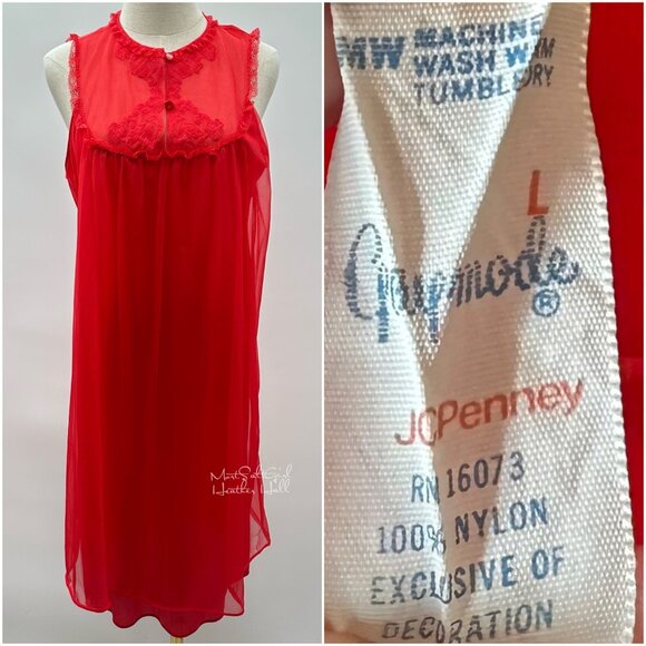 Vintage JCPenney Gaymode Red Nylon Sleeveless Nightgown with Lace Details - Picture 5 of 5